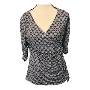 Grayson Top Womens LP Navy White Geometric Print 3/4 Sleeve Ruched 3/4 Sleeve